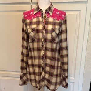 EUC Tin Haul Plaid Shirt with Pink Lace Detail